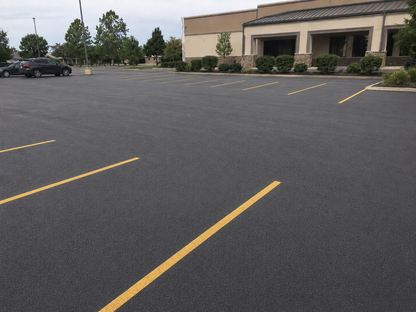 Asphalt repair before and after results for a commercial parking lot following crack filling and new striping