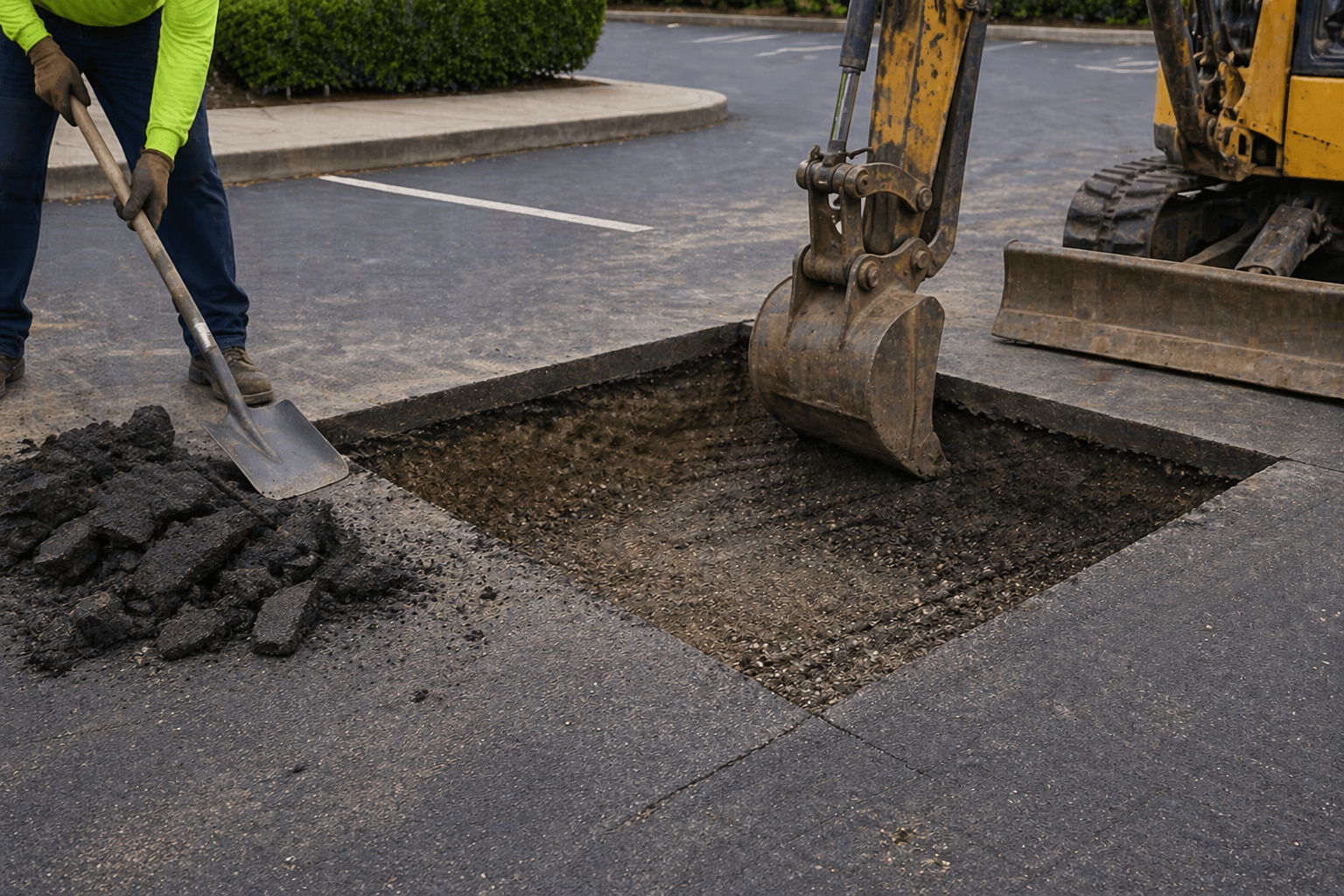 Newly applied asphalt along farmland